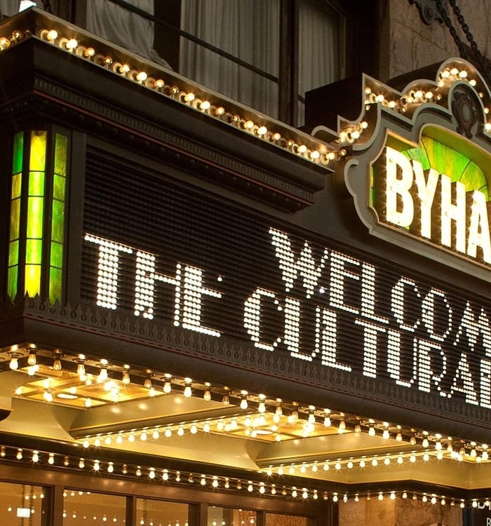 Byham Theater marquee lit up at night